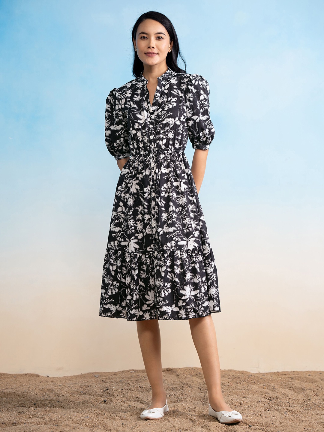 

DressBerry Floral Printed Puff Sleeve Fit & Flare Dress, Black