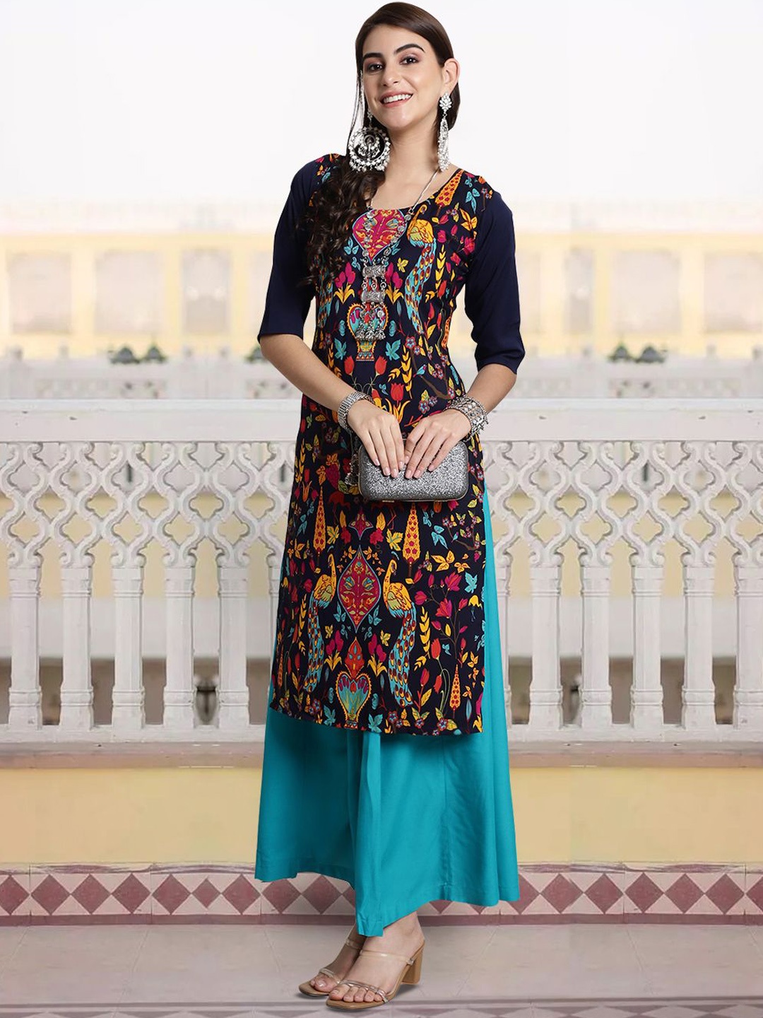 

7Threads Women Floral Embroidered Flared Sleeves Thread Work Floral Crepe Kurta, Multi