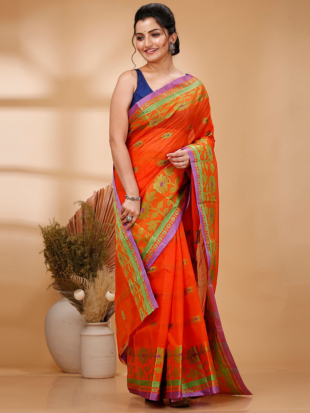 

DipDiya Woven Design Zari Pure Cotton Taant Saree, Orange