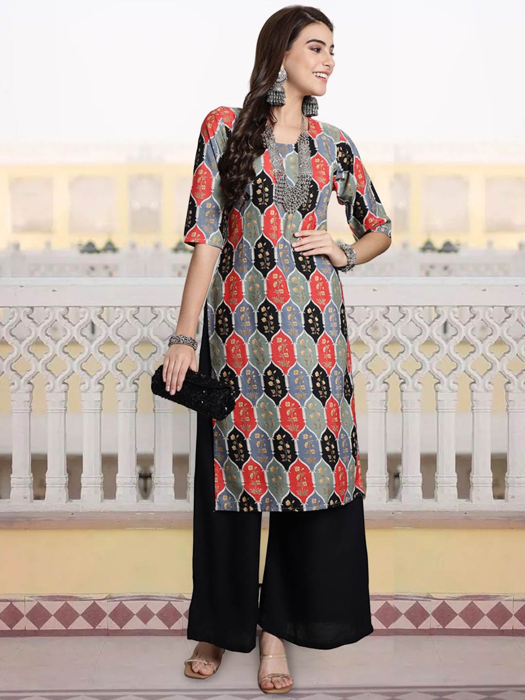 

7Threads Ethnic Motifs Printed Round Neck Three-Quarter Sleeves Straight Kurta, Grey