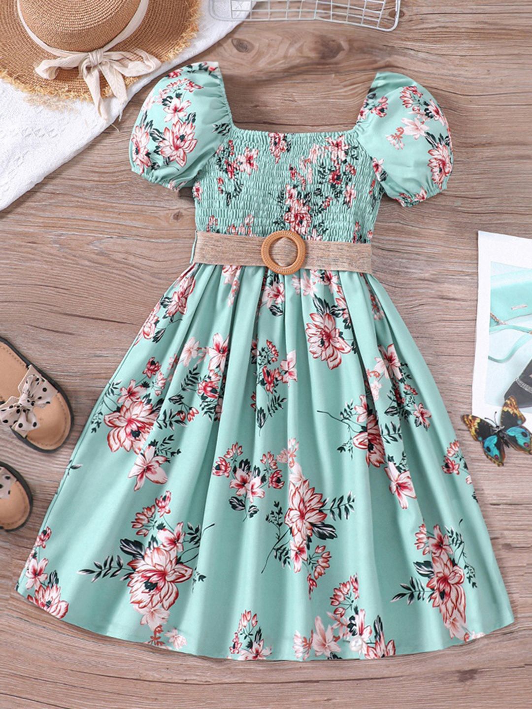 

INCLUD girl smocked Floral Print Puff Sleeve square neck Fit & Flare pure polyester dress, Green