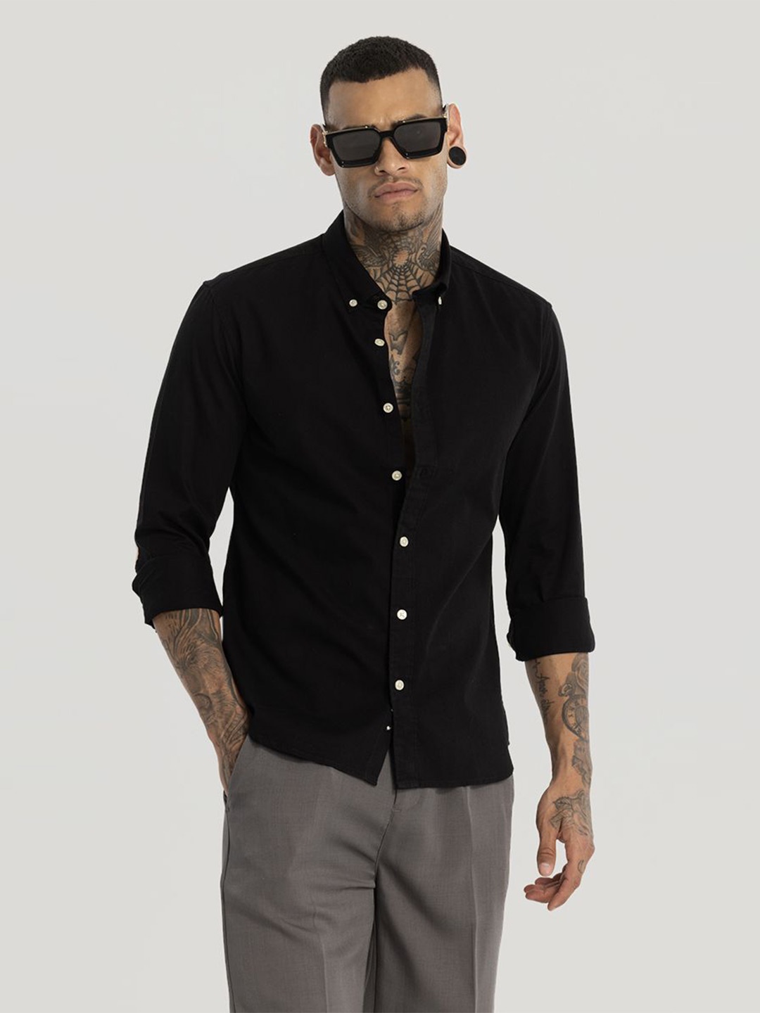 

Snitch Men Smart Button-Down Collar Solid Cotton Slim Fit Casual Shirt, Black