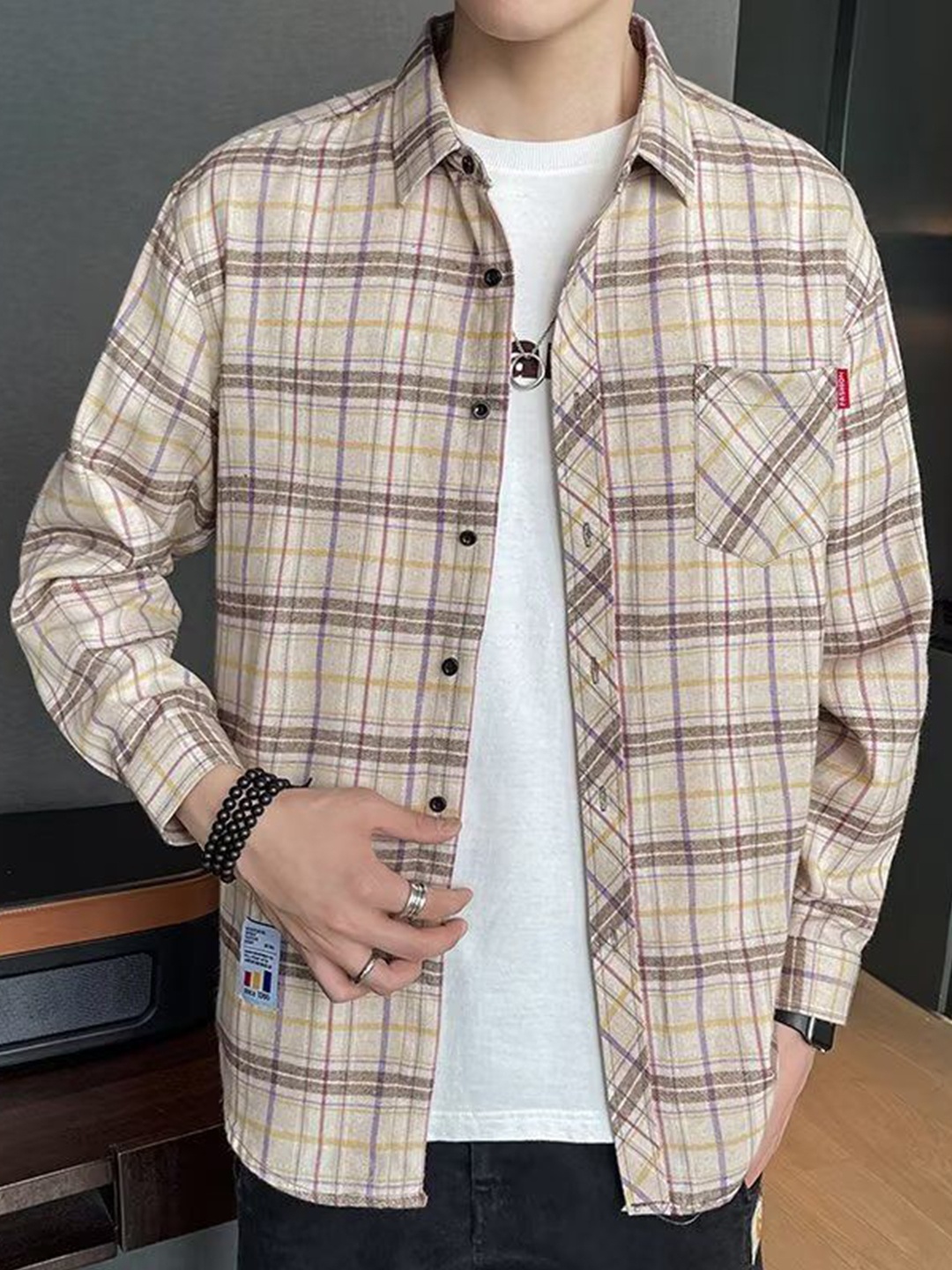 

StyleCast Men Tartan Checks Opaque Checked Casual Shirt, Cream