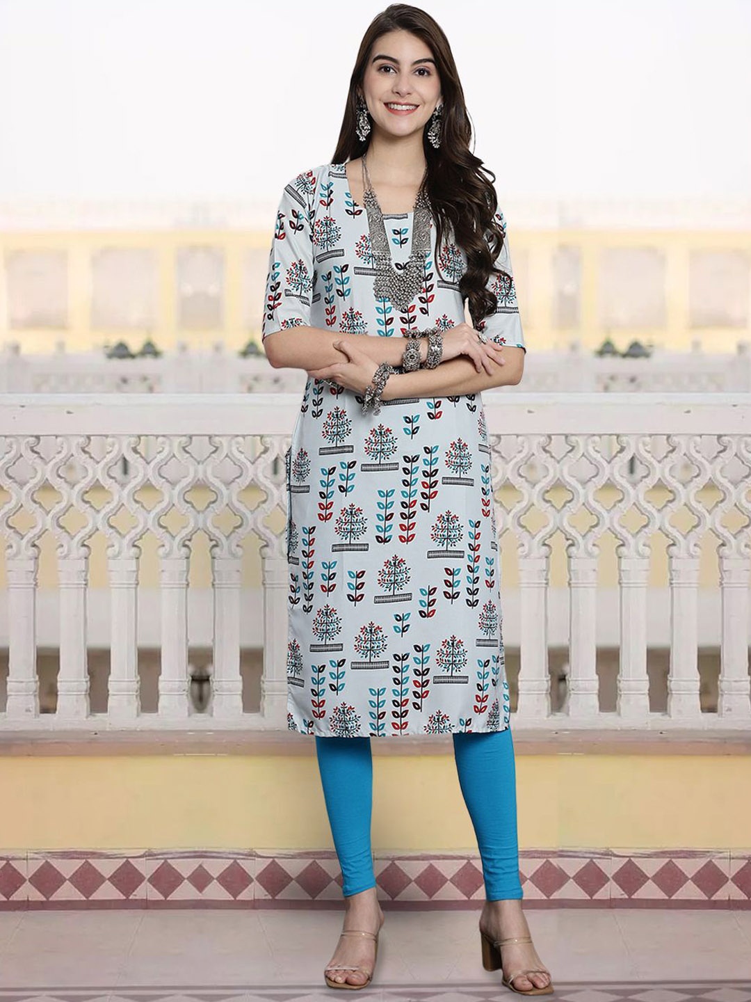 

7Threads Floral Printed Round Neck Straight Kurta, Grey