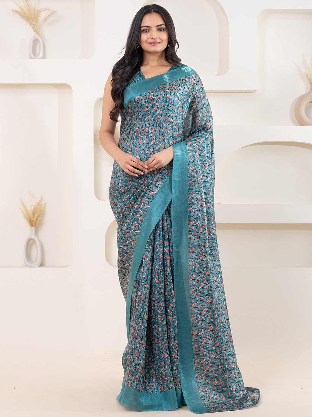 

RACHNA Floral Satin Saree, Green