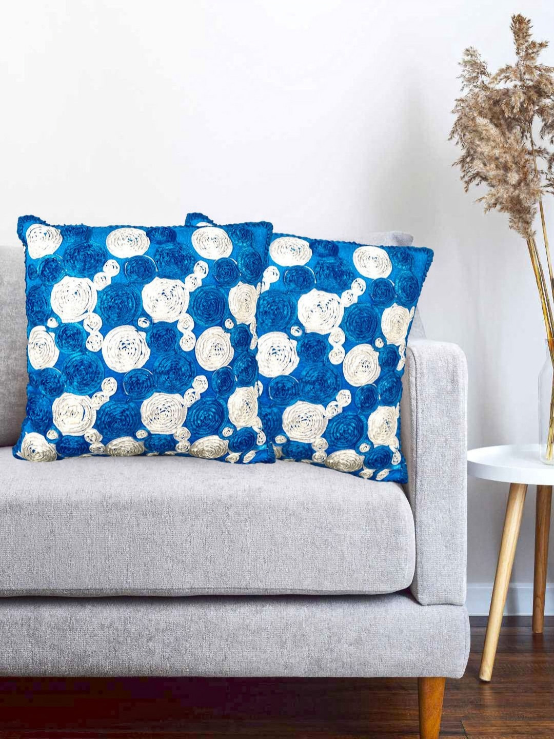 

Vinayaka Fab Blue & White 2 Pieces Embroidered Silk Square Cushion Covers