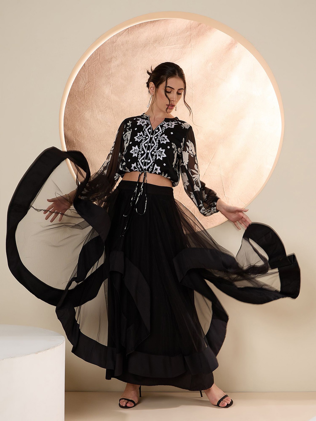 

Antheaa Black & White Emberoidered Top With Skirt