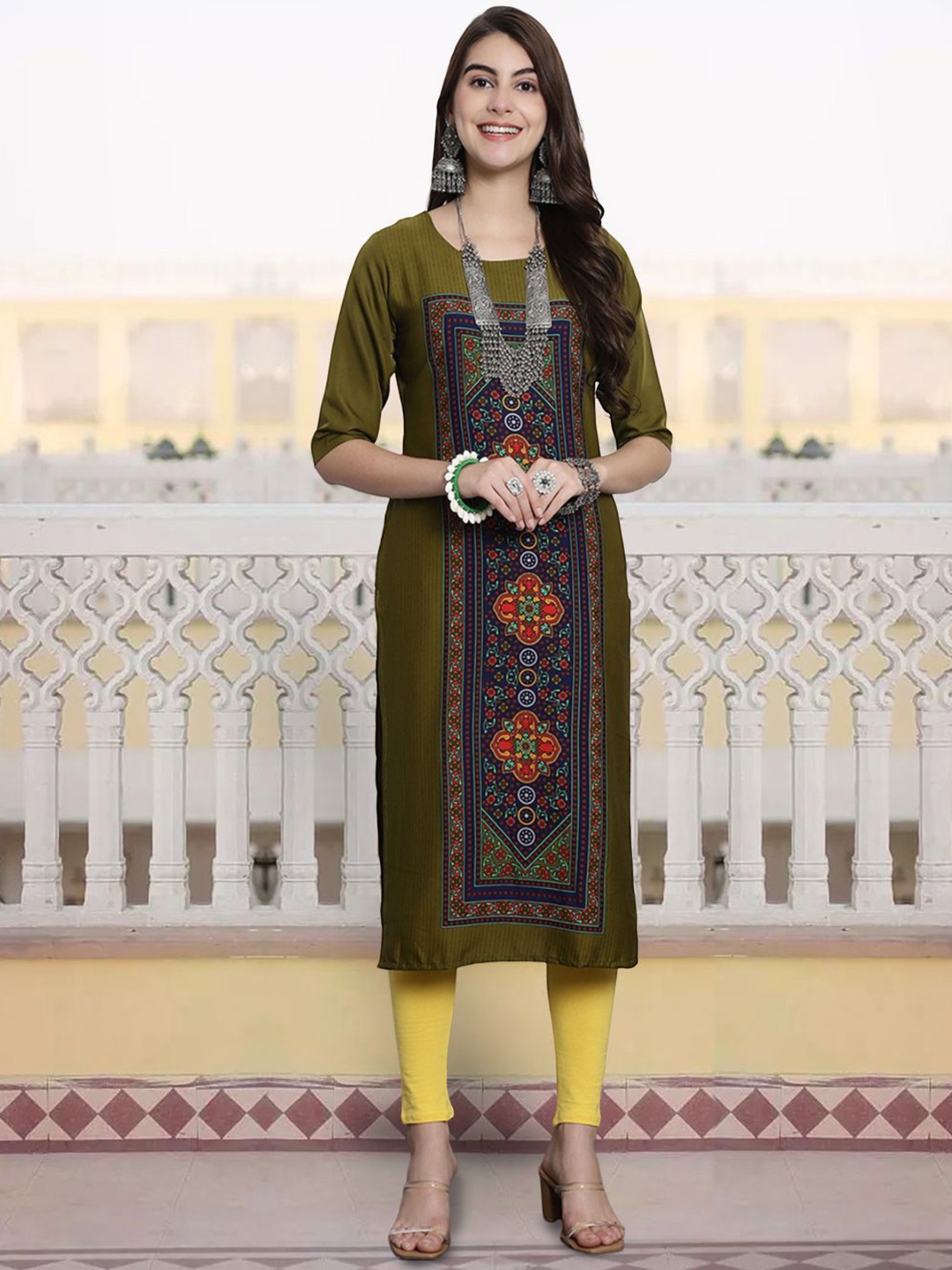 

7Threads Floral Printed Round Neck Straight Kurta, Olive