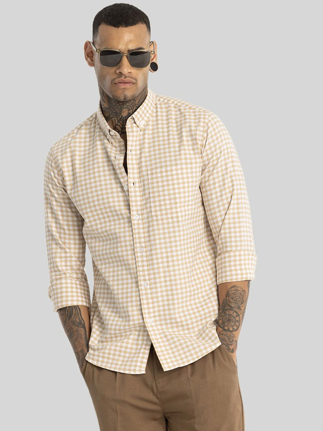 

Snitch Men Smart Button-Down Collar Gingham Checked Cotton Slim Fit Casual Shirt, Yellow