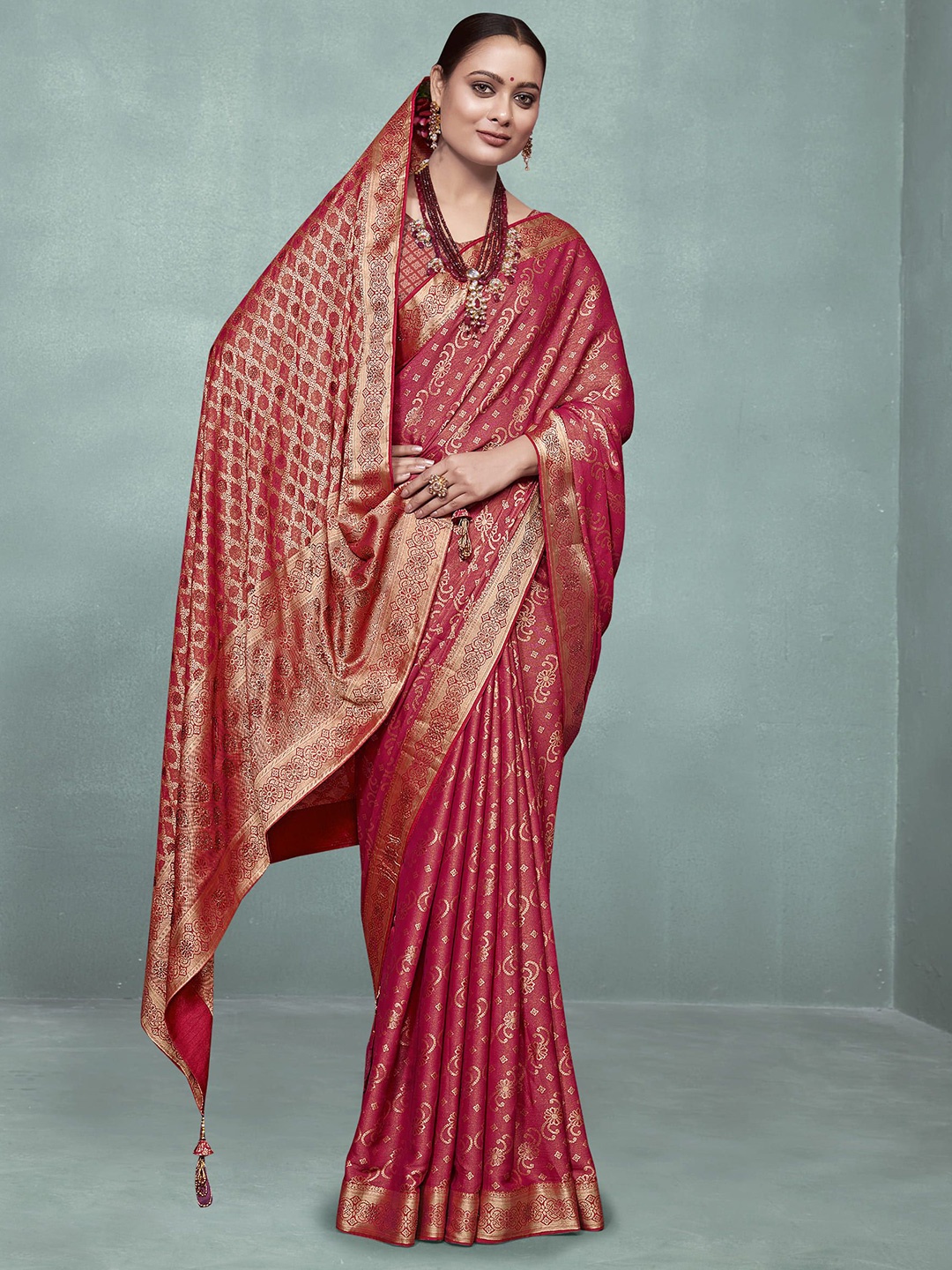 

NIRMAL CREATION Woven Design Pure Silk Saree Zari Border, Red