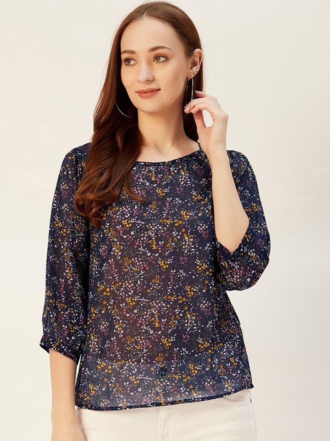 

Sera Women Floral Printed Round Neck Top, Navy blue