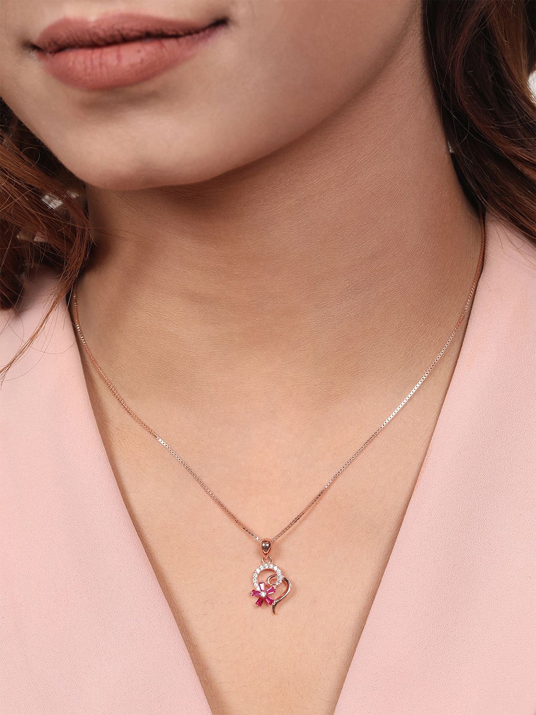 

Zavya Rose Gold Plated 92.5 Sterling Silver Cubic Zirconia Floral Pendant with Chain