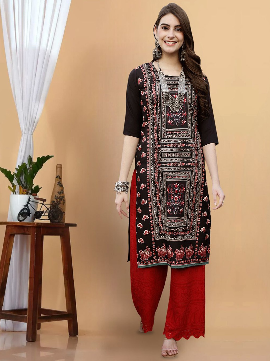 

7Threads Ethnic Motifs Printed Round Neck Straight Kurta, Blue