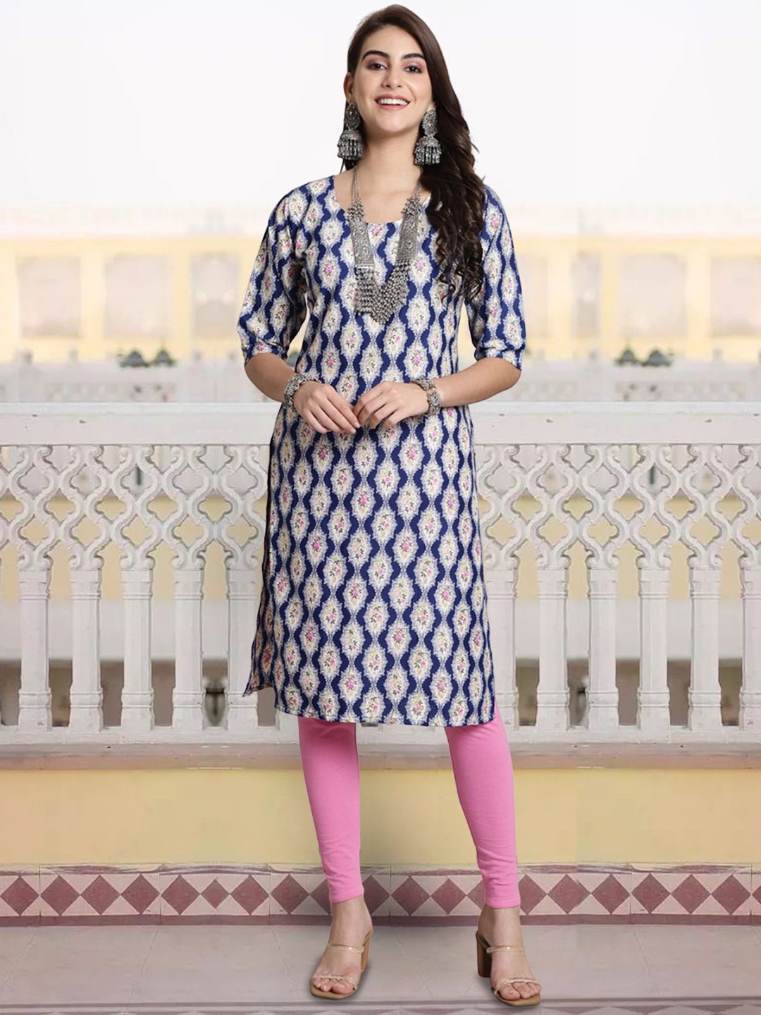 

7Threads Ethnic Motifs Printed Round Neck Crepe Straight Kurta, Blue