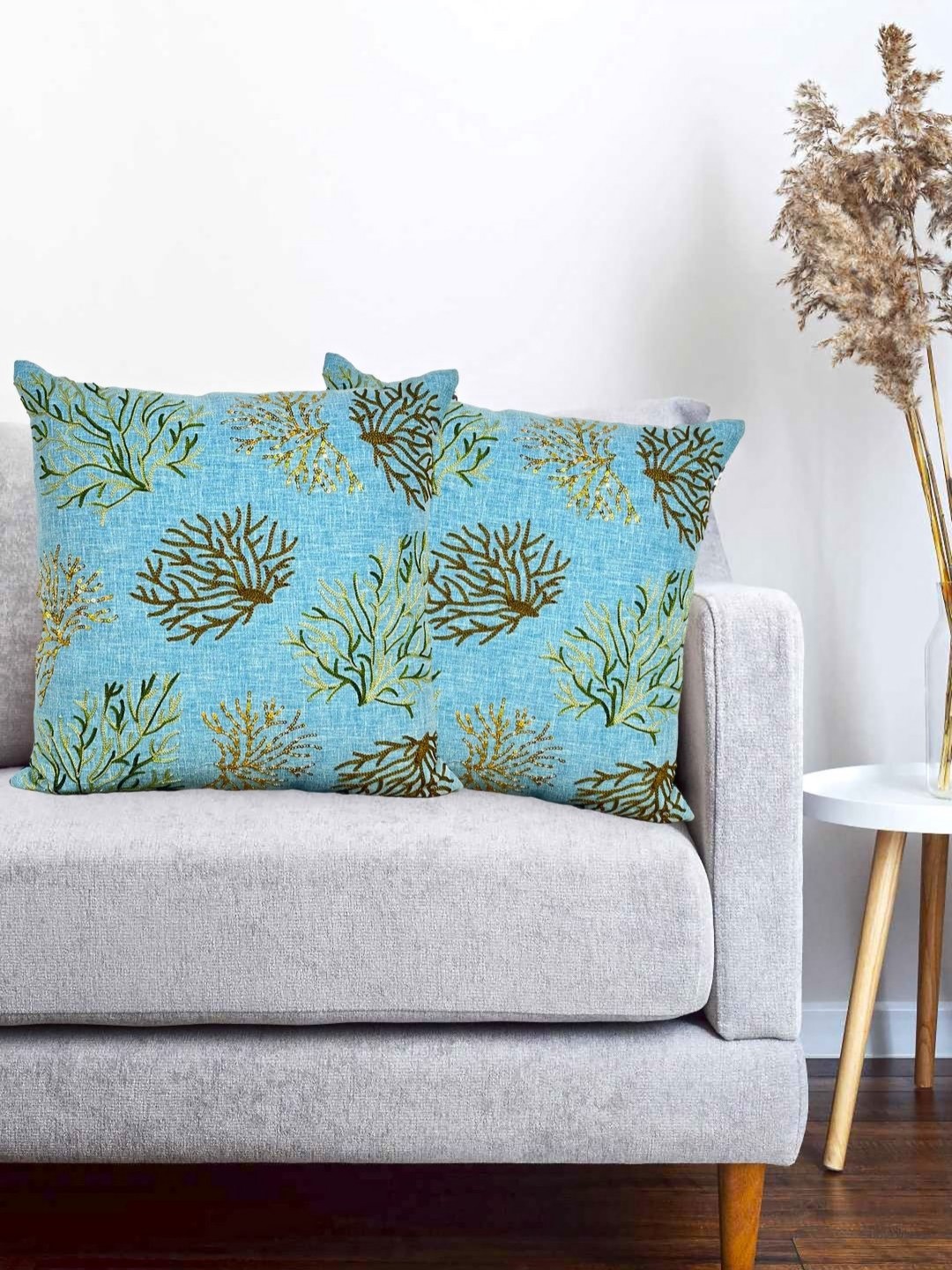 

Vinayaka Fab Blue 2 Pieces Embroidered Linen Square Cushion Covers