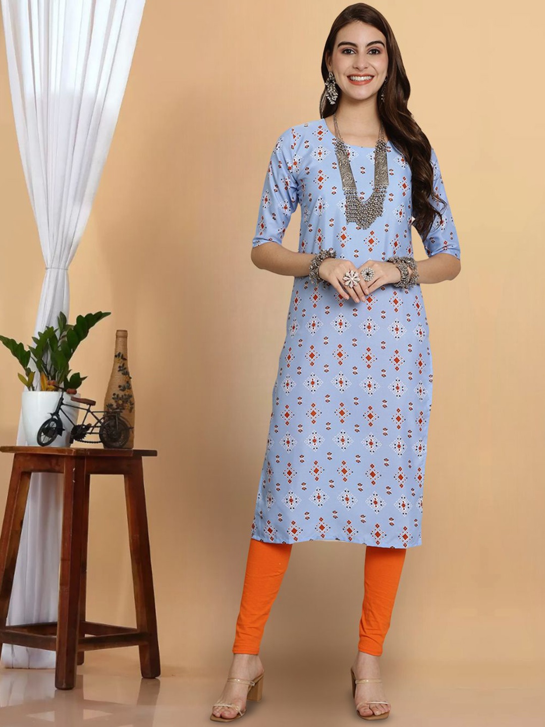 

7Threads Geometric Printed Straight Kurta, Blue