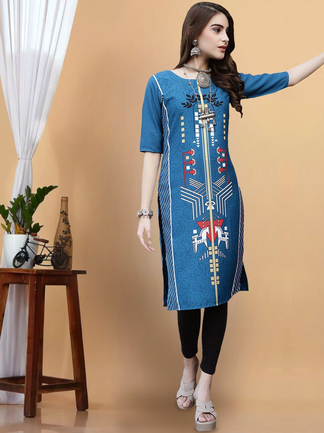 

7Threads Women Printed Flared Sleeves Thread Work Floral Crepe Anarkali Kurta, Multi