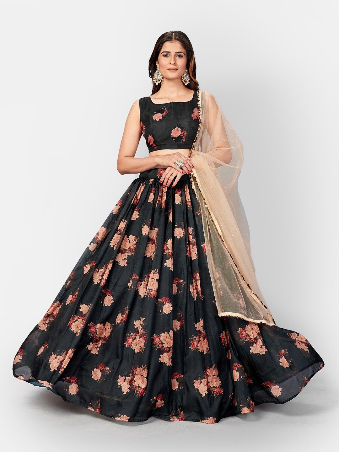 

SHOPGARB Printed Semi-Stitched Lehenga & Unstitched Blouse With Dupatta, Black