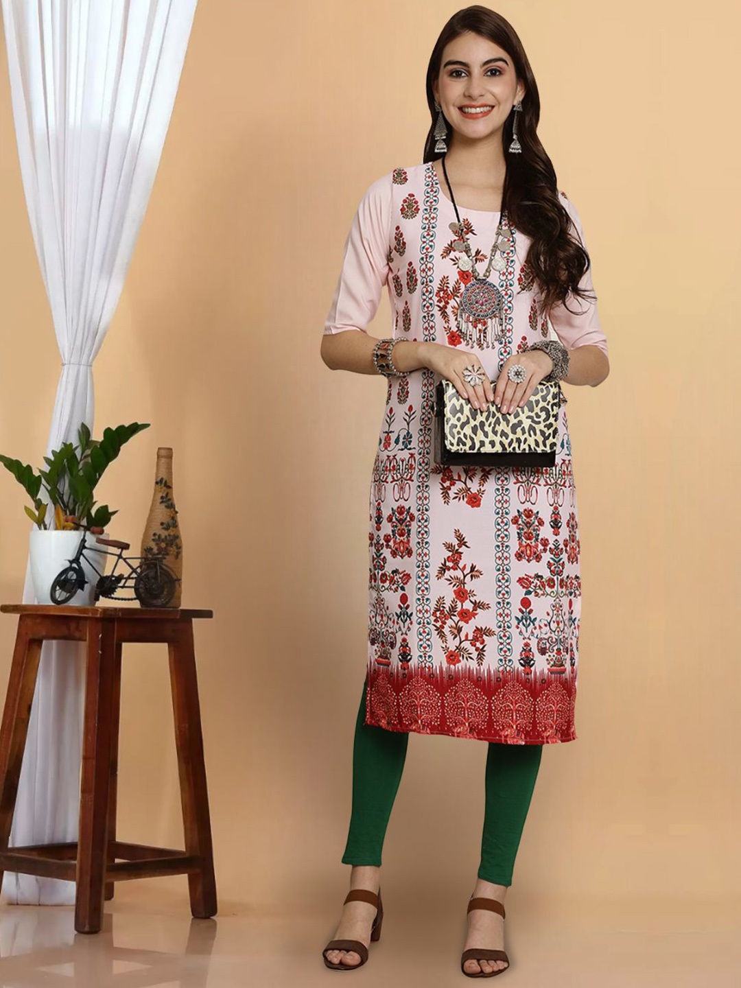 

7Threads Women Floral Printed Keyhole Neck Flared Sleeves Sequinned Floral Crepe Anarkali Kurta, Multi