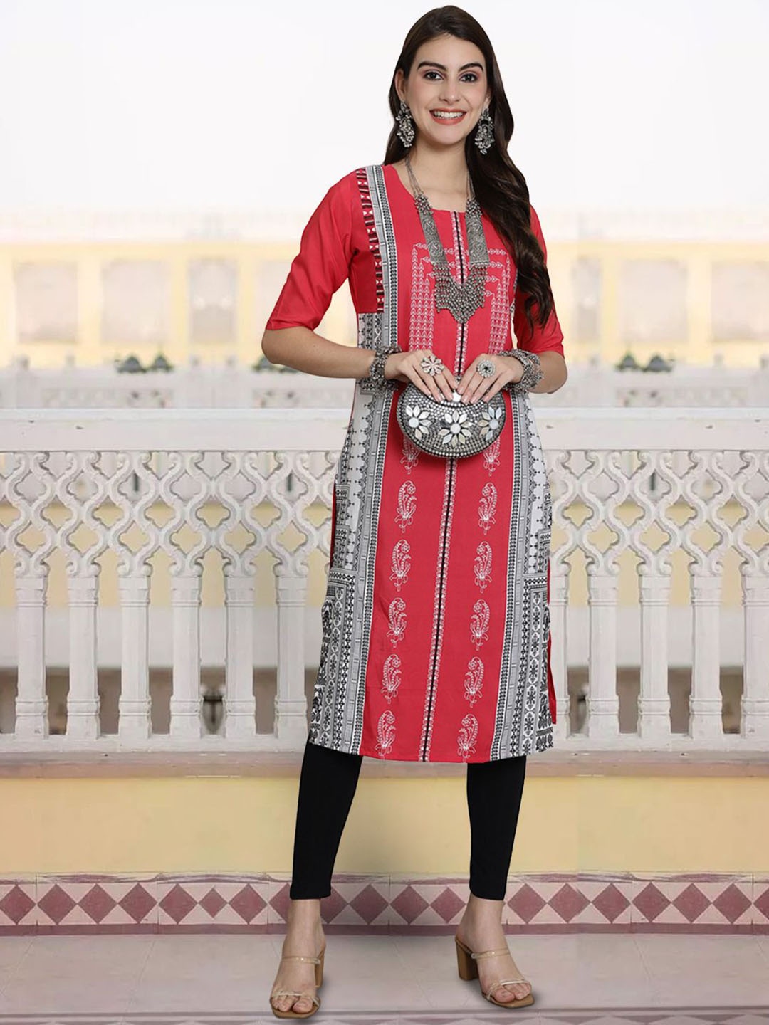 

7Threads Geometric Printed Straight Kurta, Red