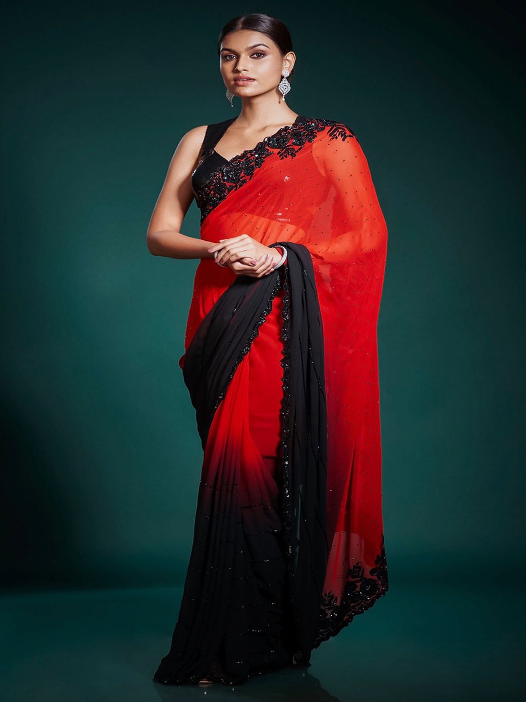 

SANJANA SILK Embellished Sequinned Pure Georgette Saree, Red