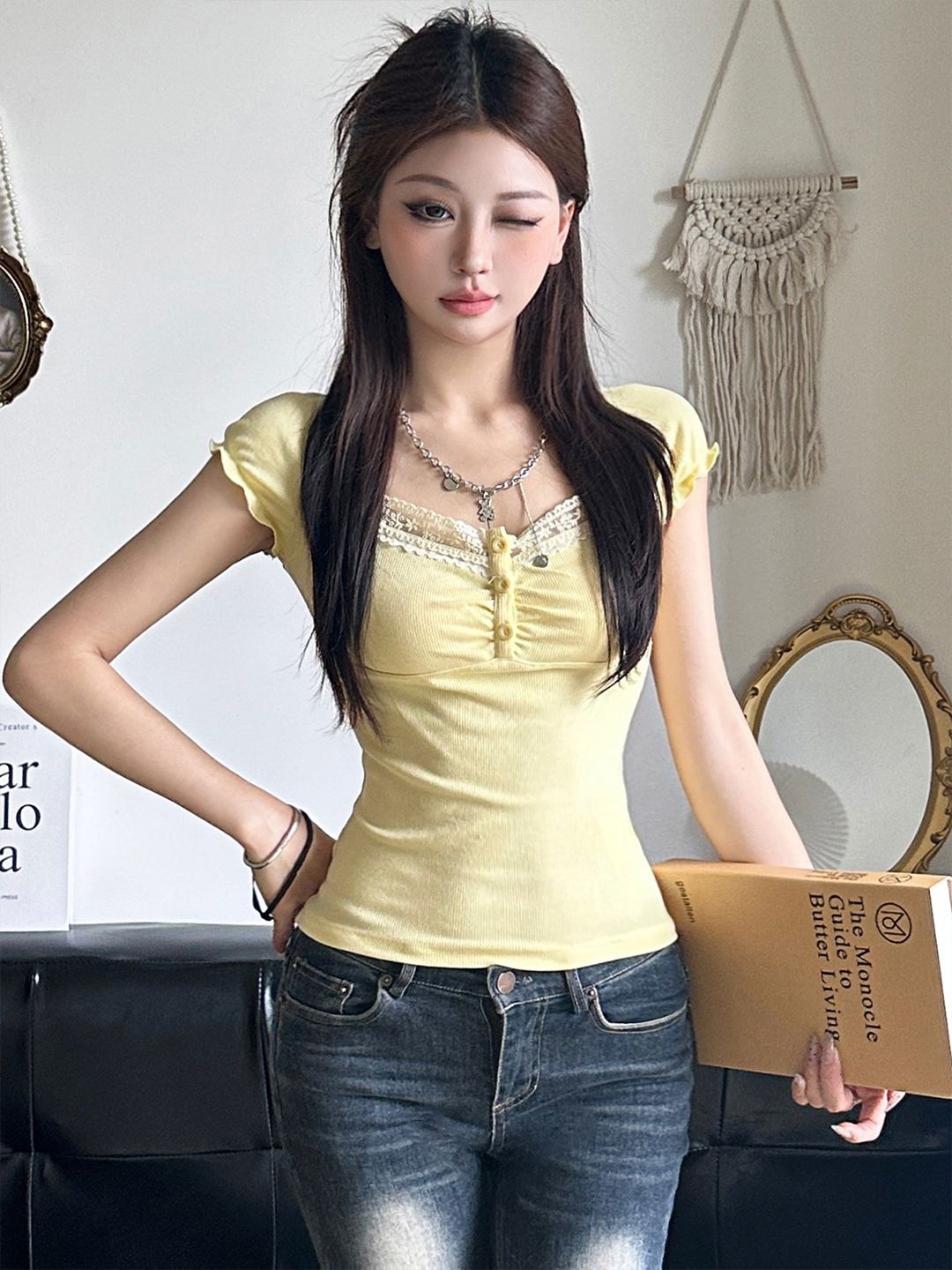 

StyleCast Women Solid V-Neck Lace Inserts Cotton Top, Yellow