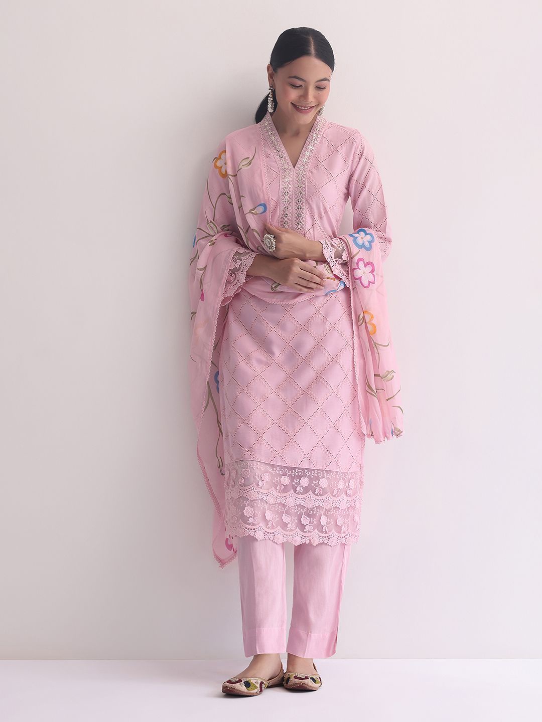 

KALKI Fashion Embroidered Straight Sequinned Cotton Kurta with Trousers & Dupatta, Pink