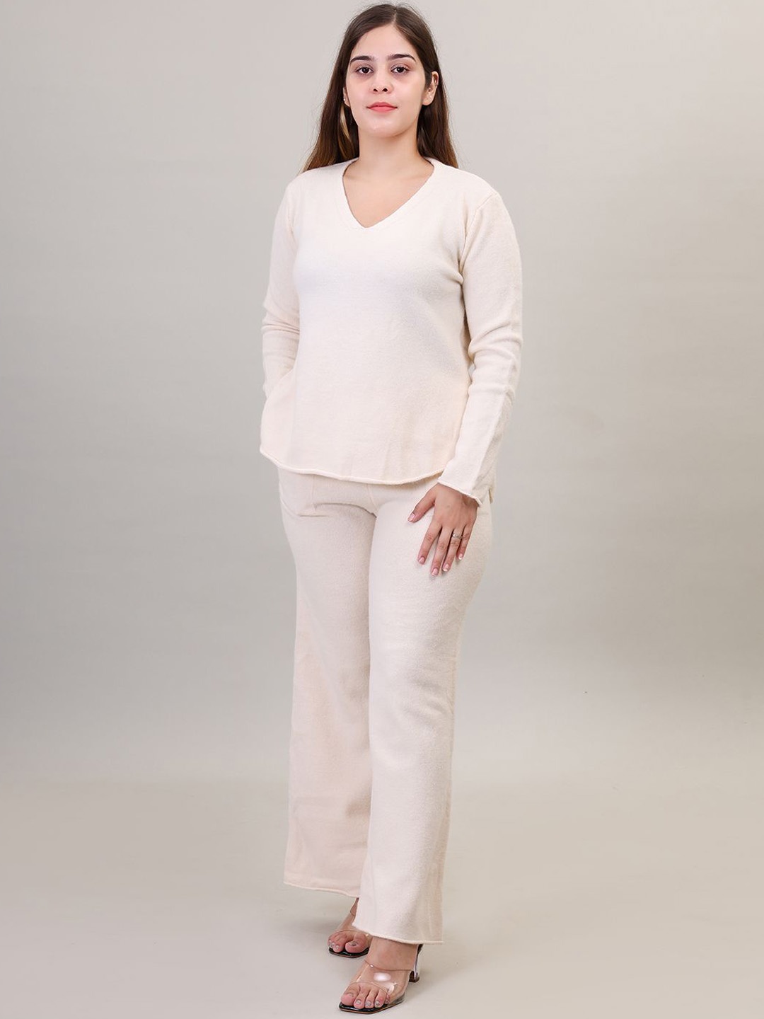 

Camey V-Neck Pure Wool Sweater & Trousers, Off white