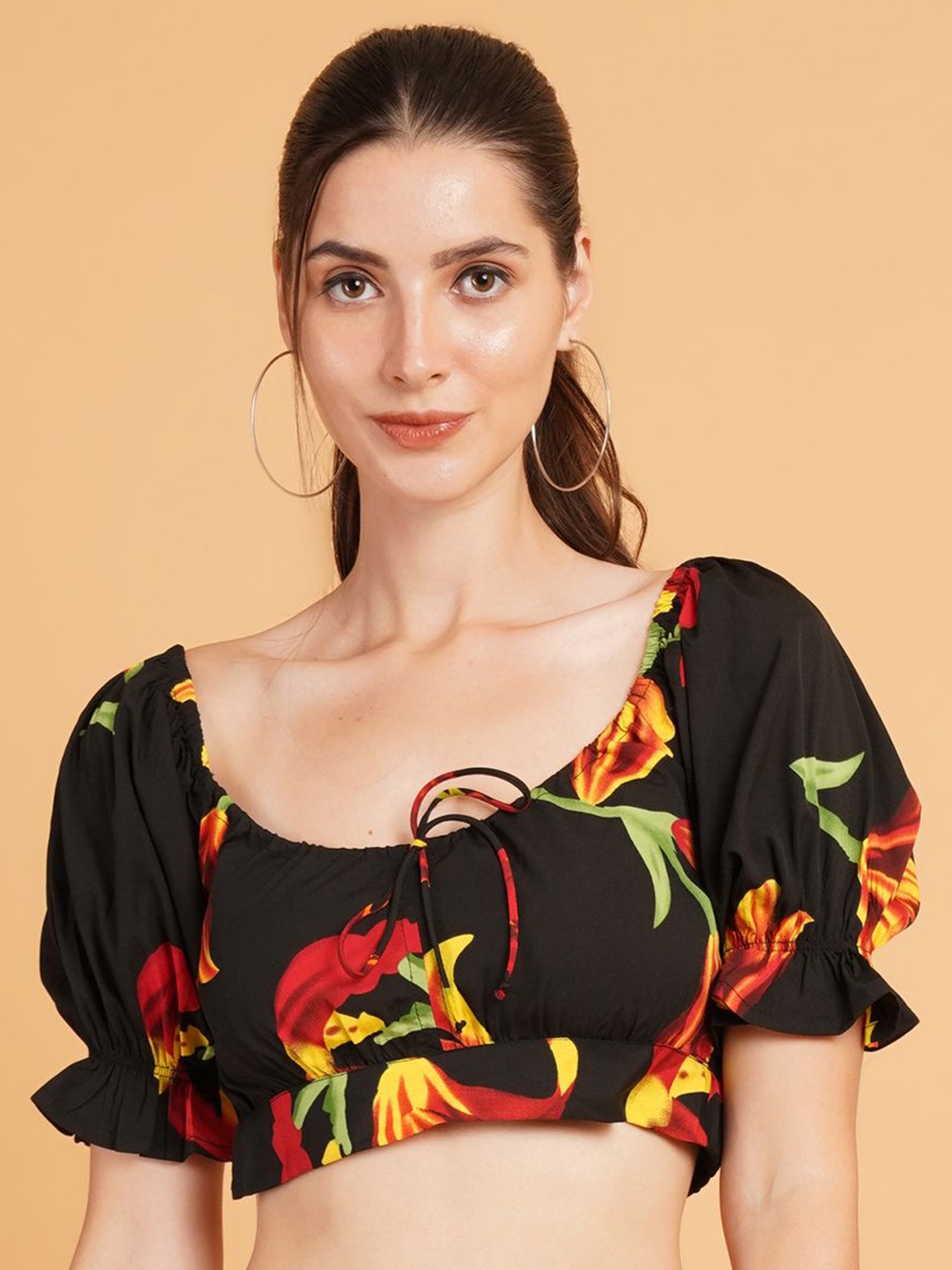 

IX IMPRESSION Floral Print Flared Sleeve Crepe Crop Top, Black