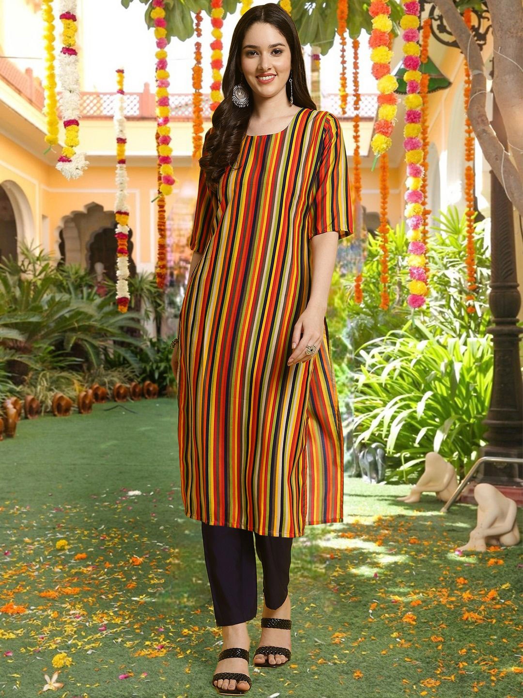 

7Threads Striped Round Neck Straight Kurta, Orange