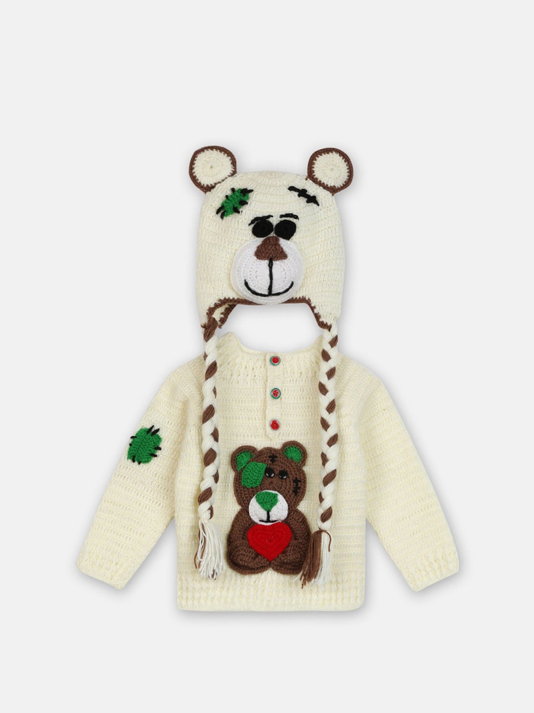 

CHUTPUT Kids Self Design Pure Woollen Sweater With Cream Bear Cap