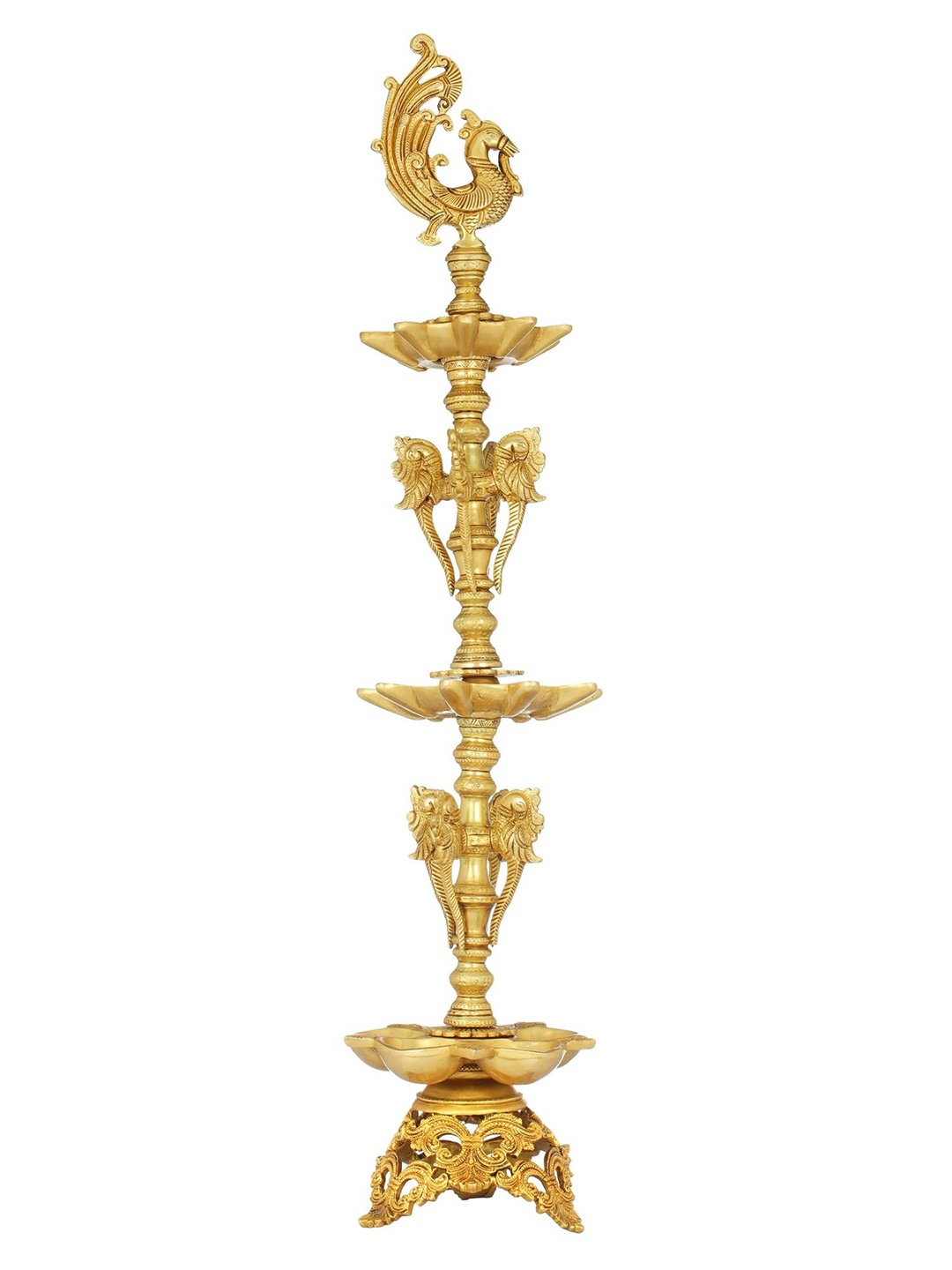 

Exotic India 33" Large Size Peacock Lamp in Brass - Made In India, Gold