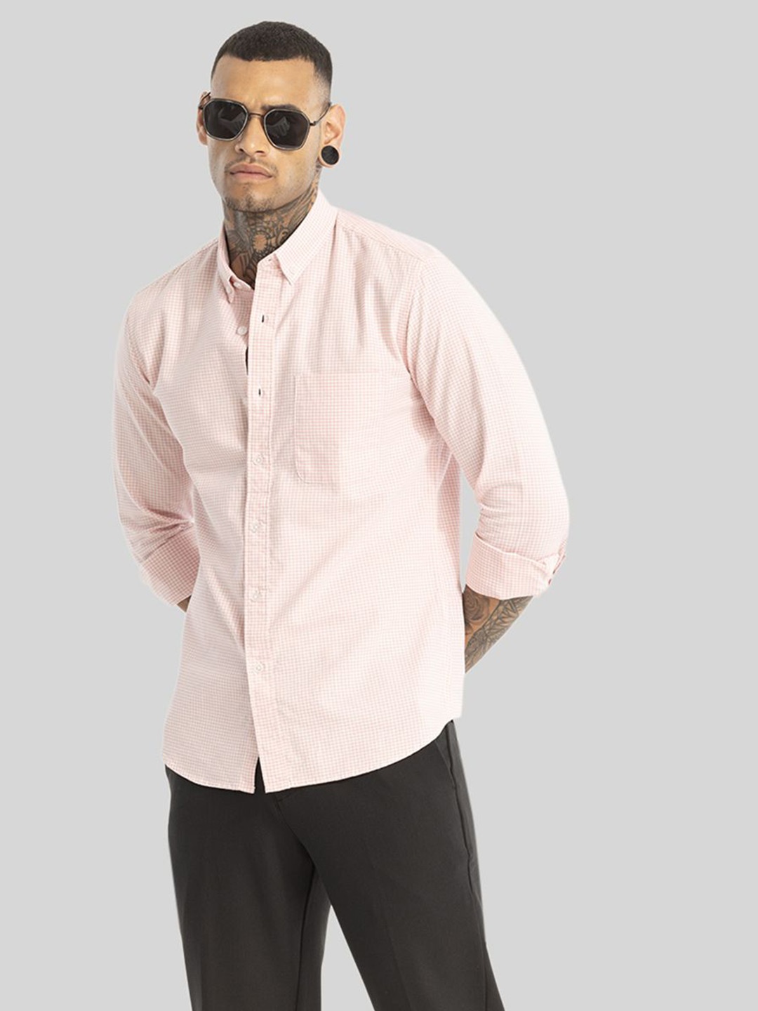 

Snitch Men Smart Button-Down Collar Micro Checked Cotton Slim Fit Casual Shirt, Peach