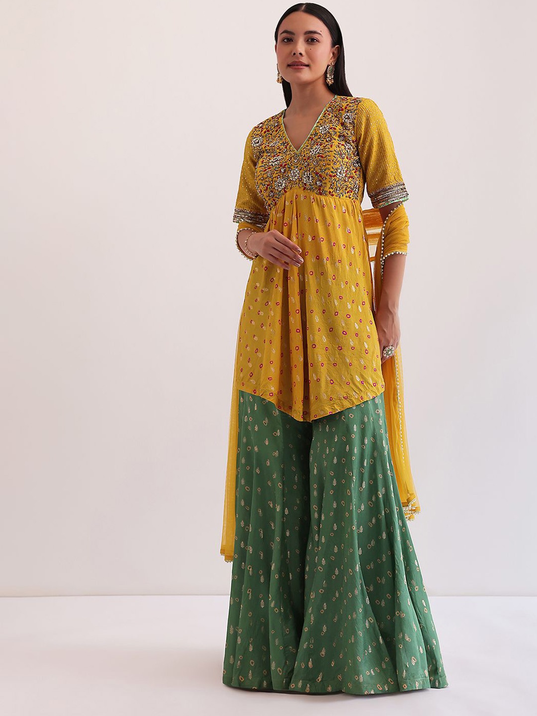 

KALKI Fashion Floral Embroidered Asymmetric A-Line Kurti With Palazzos & With Dupatta, Yellow