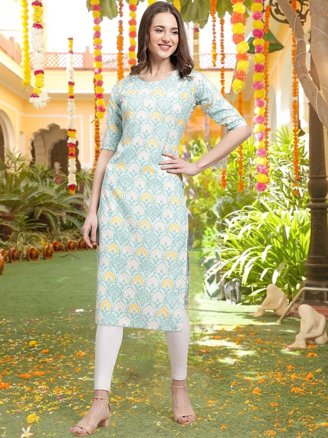 

7Threads Ethnic Motifs Printed Round Neck Straight Kurta, Blue