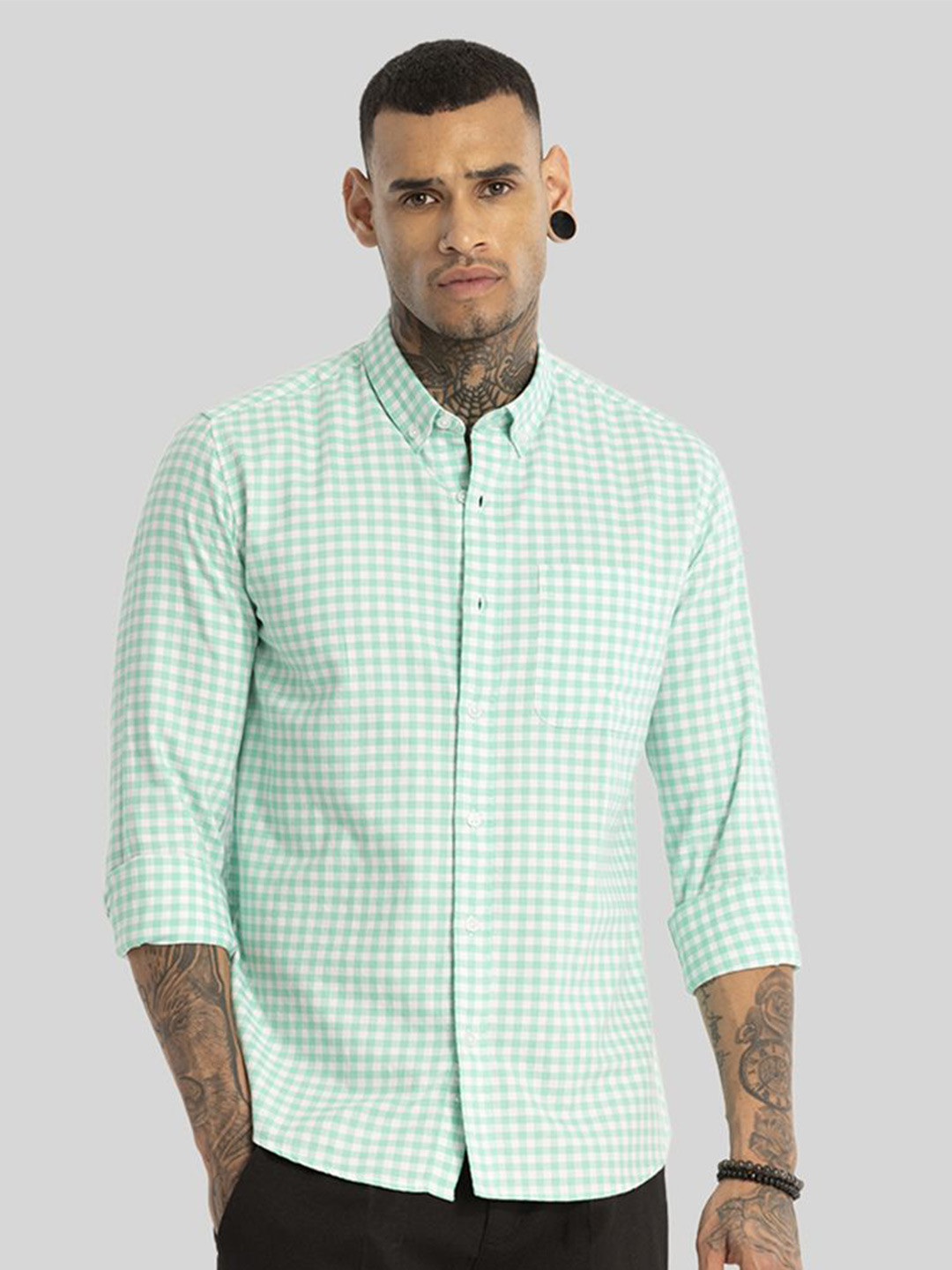 

Snitch Men Smart Button-Down Collar Gingham Checked Cotton Slim Fit Casual Shirt, Green