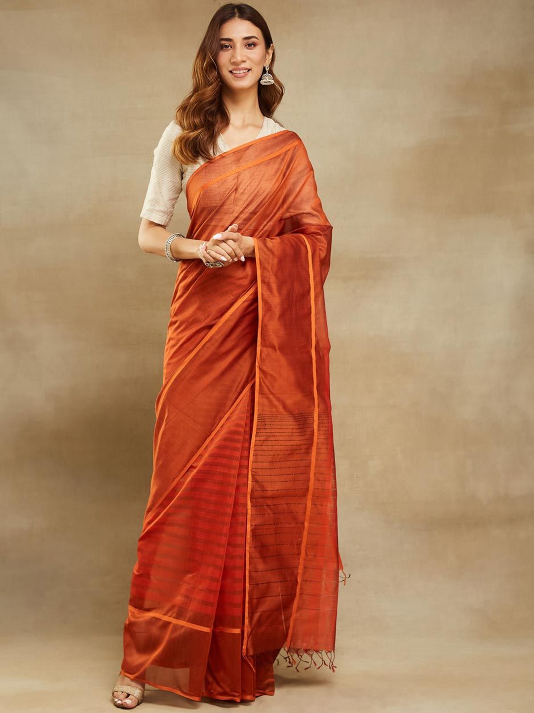 

Fabindia Orange Cotton Silk Maheshwari Sari, Rust