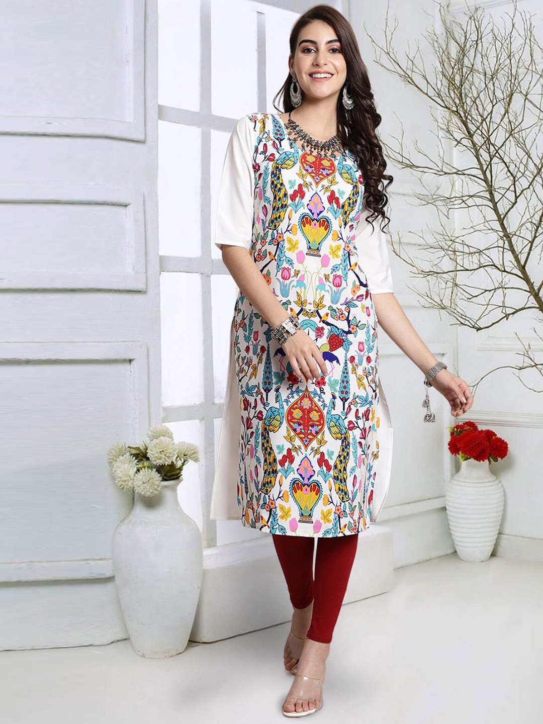 

7Threads Floral Printed Round Neck Straight Kurta, White