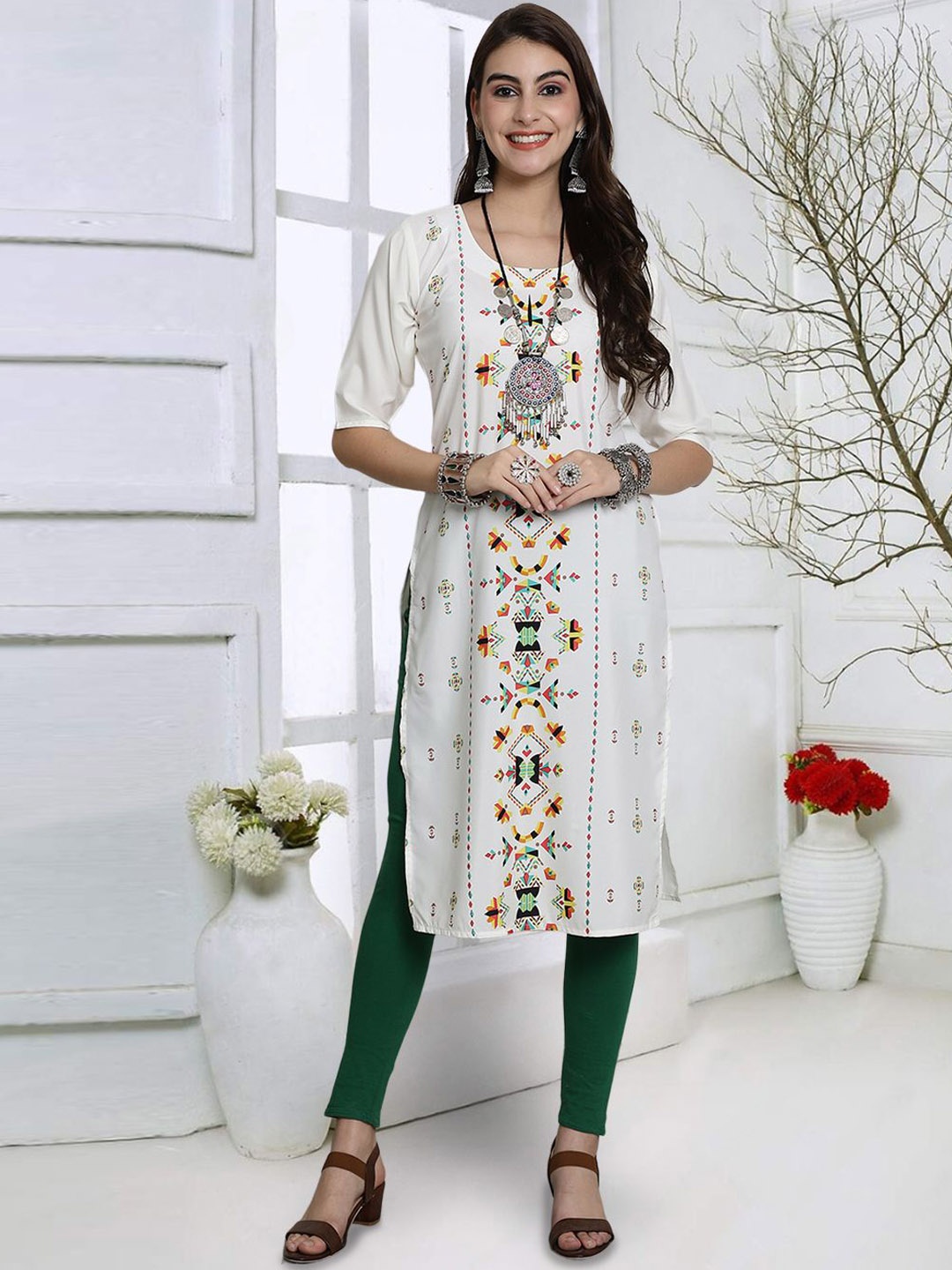

7Threads Abstract Printed Straight Kurta, White