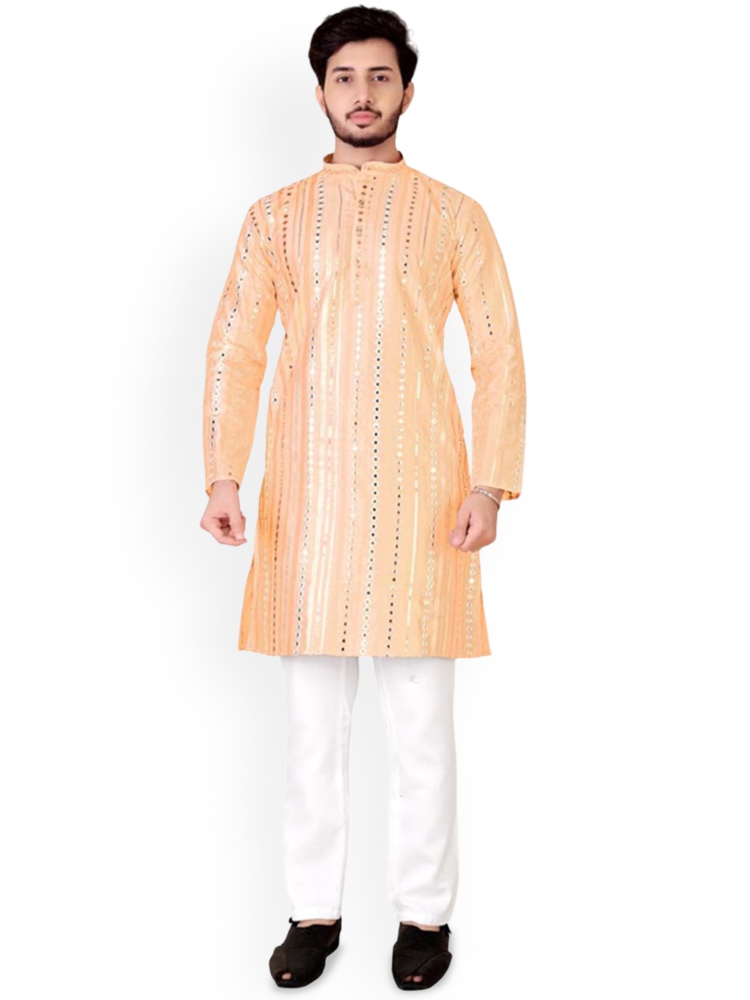 

trustous Men Embroidered Regular Mirror Work Pure Cotton Kurta with Pyjamas, Orange