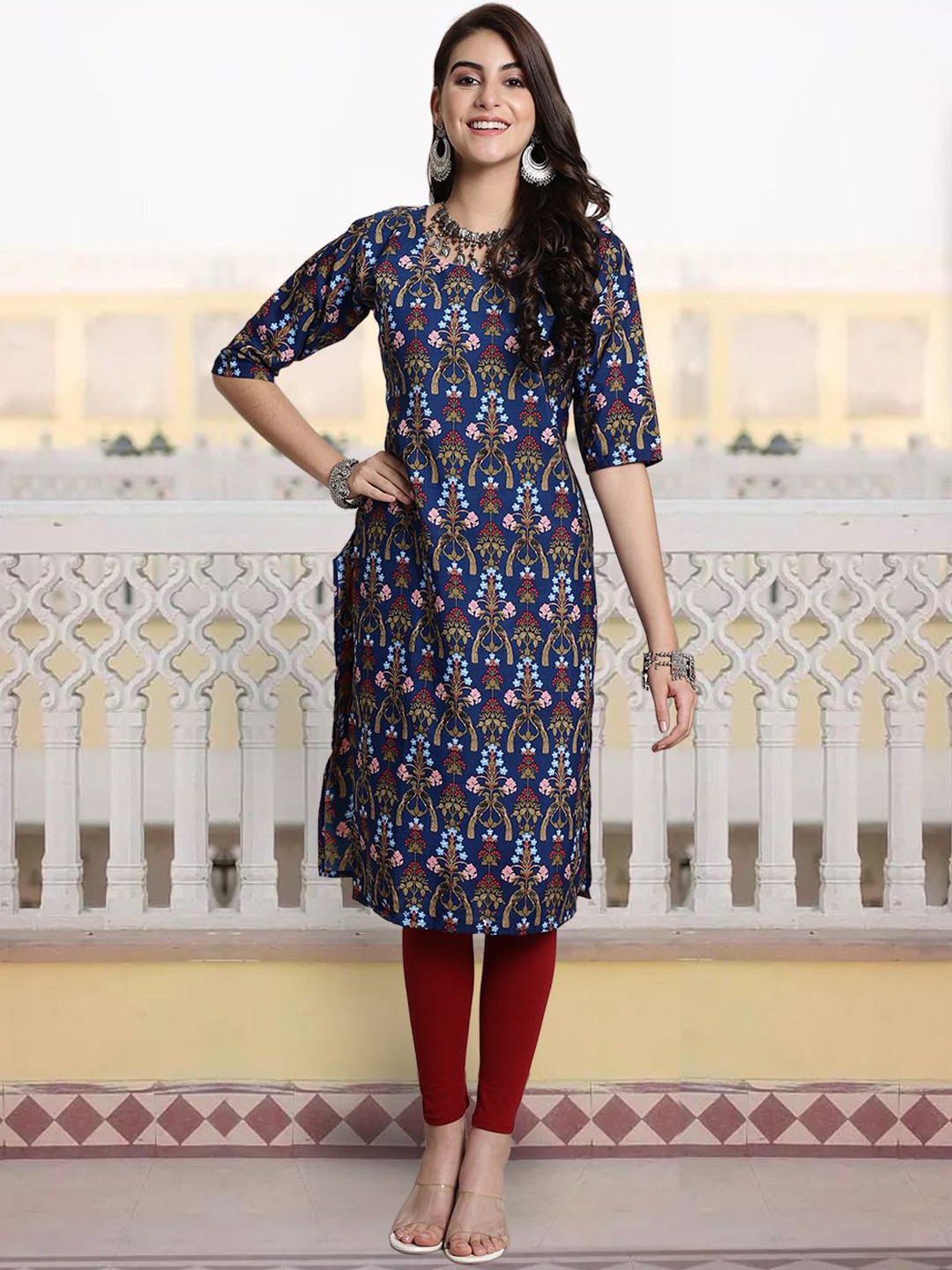 

7Threads Floral Printed Round Neck Straight Kurta, Navy blue