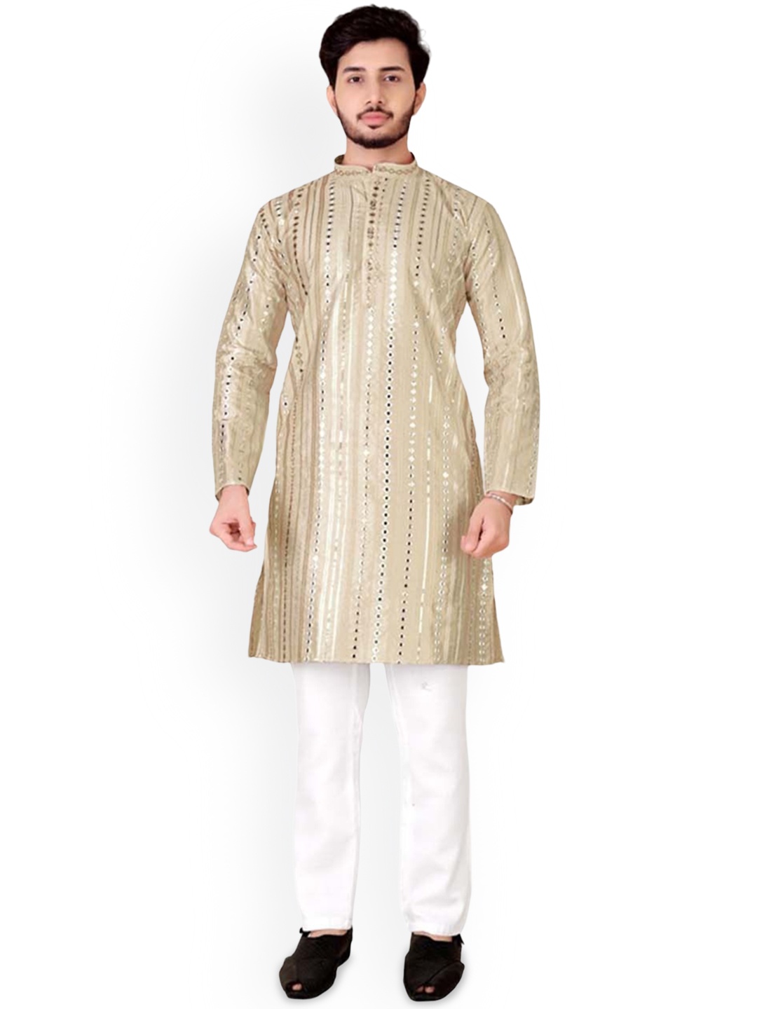 

trustous Men Embroidered Regular Mirror Work Pure Cotton Kurta with Pyjamas, Khaki