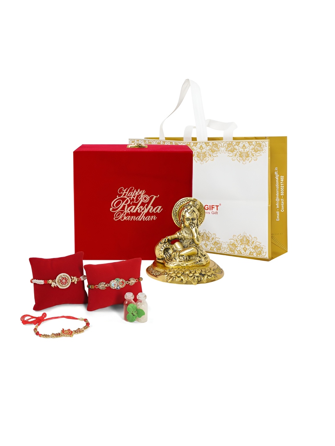 

INTERNATIONAL GIFT Gold Toned 3 Pcs Thread Rakhi With Roli Chawal & Laddu Gopal God Idol