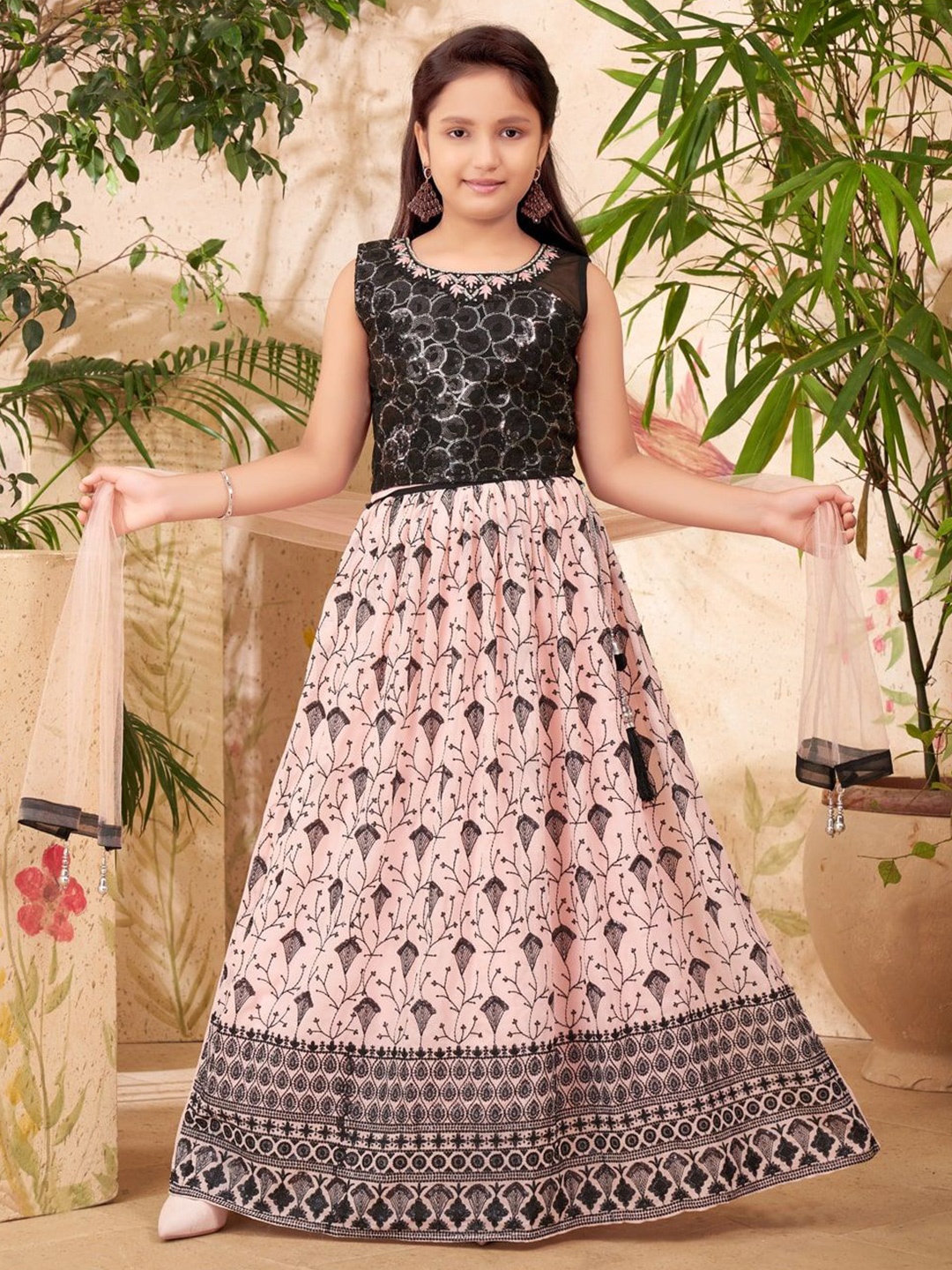 

Aarika Girls Embroidered Thread Work Ready to Wear Lehenga & Blouse With Dupatta, Peach