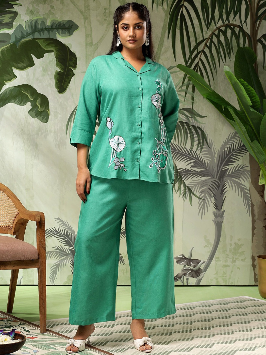 

Bani Women Plus Size Floral Embroidered Shirt Collar Shirt & Palazzo, Green