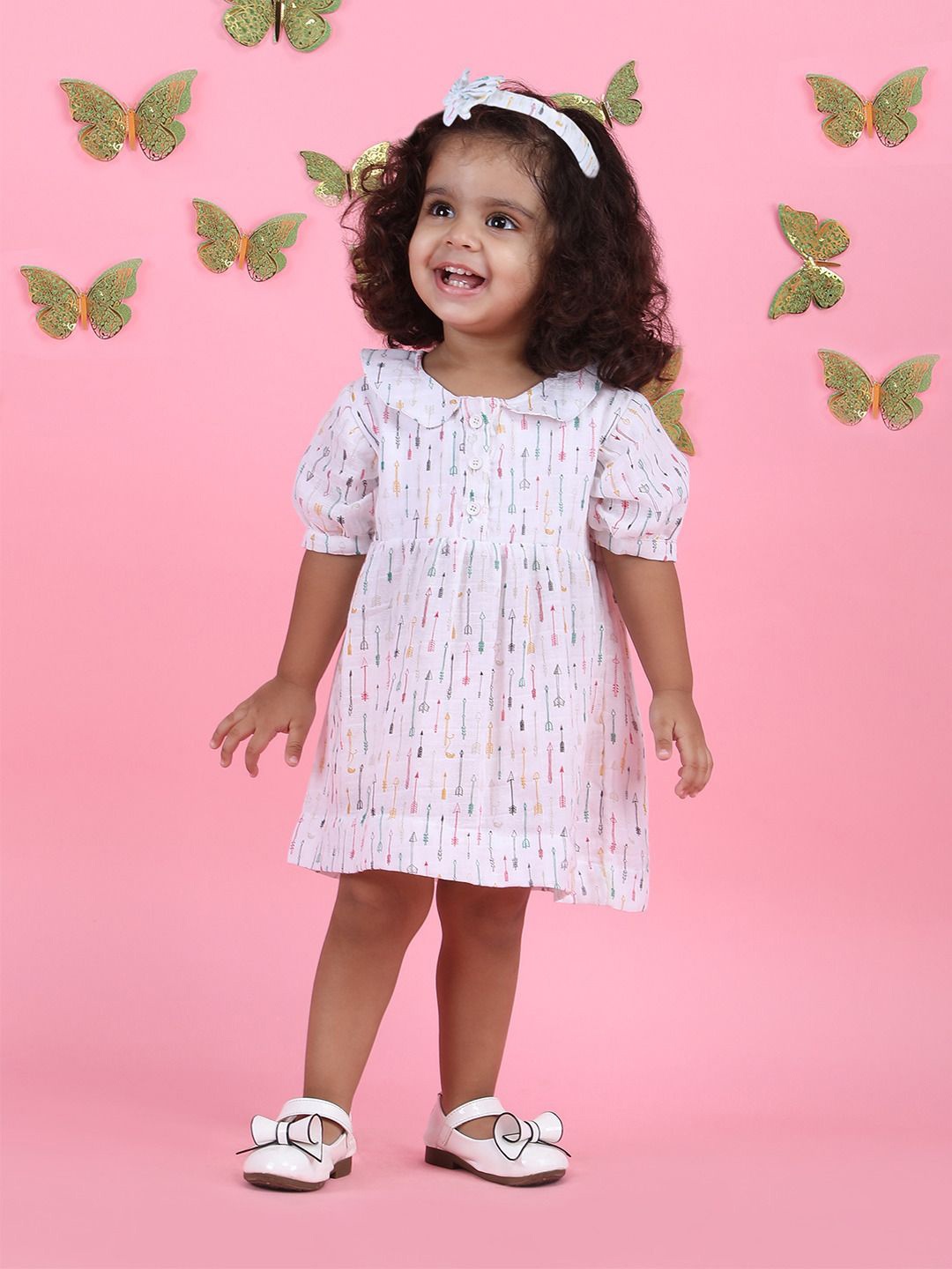 

Polka Tots Kids Girls Puff Sleeves Arrows Printed Pure Cotton A-Line Dress, White