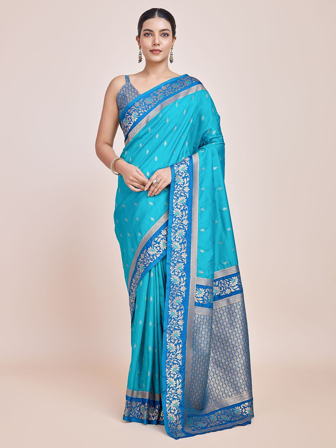 

MONJOLIKA FASHION Ethnic Motifs Zari Banarasi Designer Saree, Turquoise blue