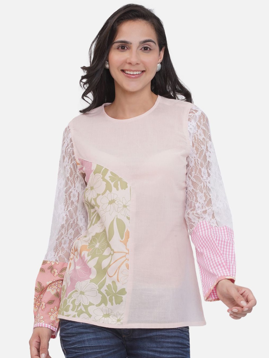 

KALINI Women Floral Printed Round Neck Cotton Top, Pink