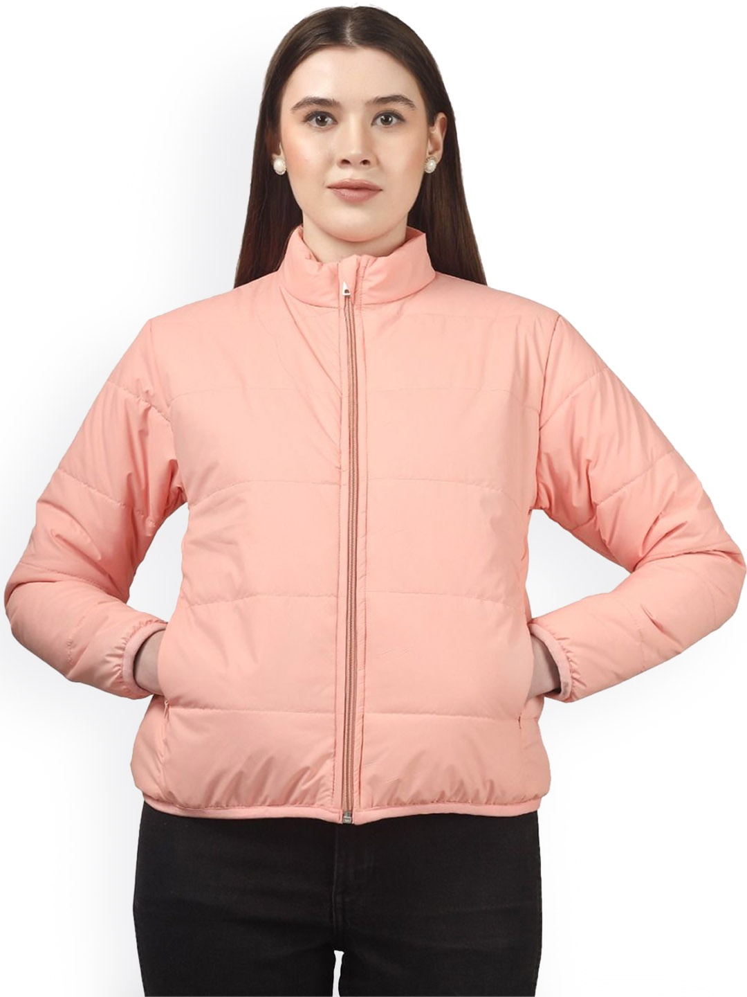 

BLUEFICUS Women Solid Mock Collar Lightweight Puffer Jacket, Peach