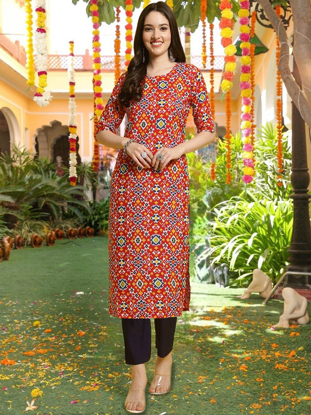 

7Threads Aabstract Printed Round Neck Straight Kurta, Orange